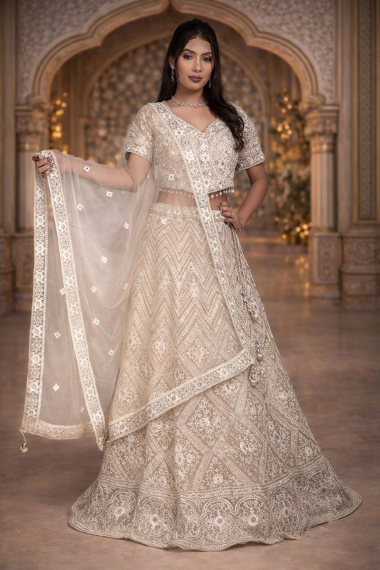 Golden Cream Net Crop Top Set with Mirror Work and Dupatta