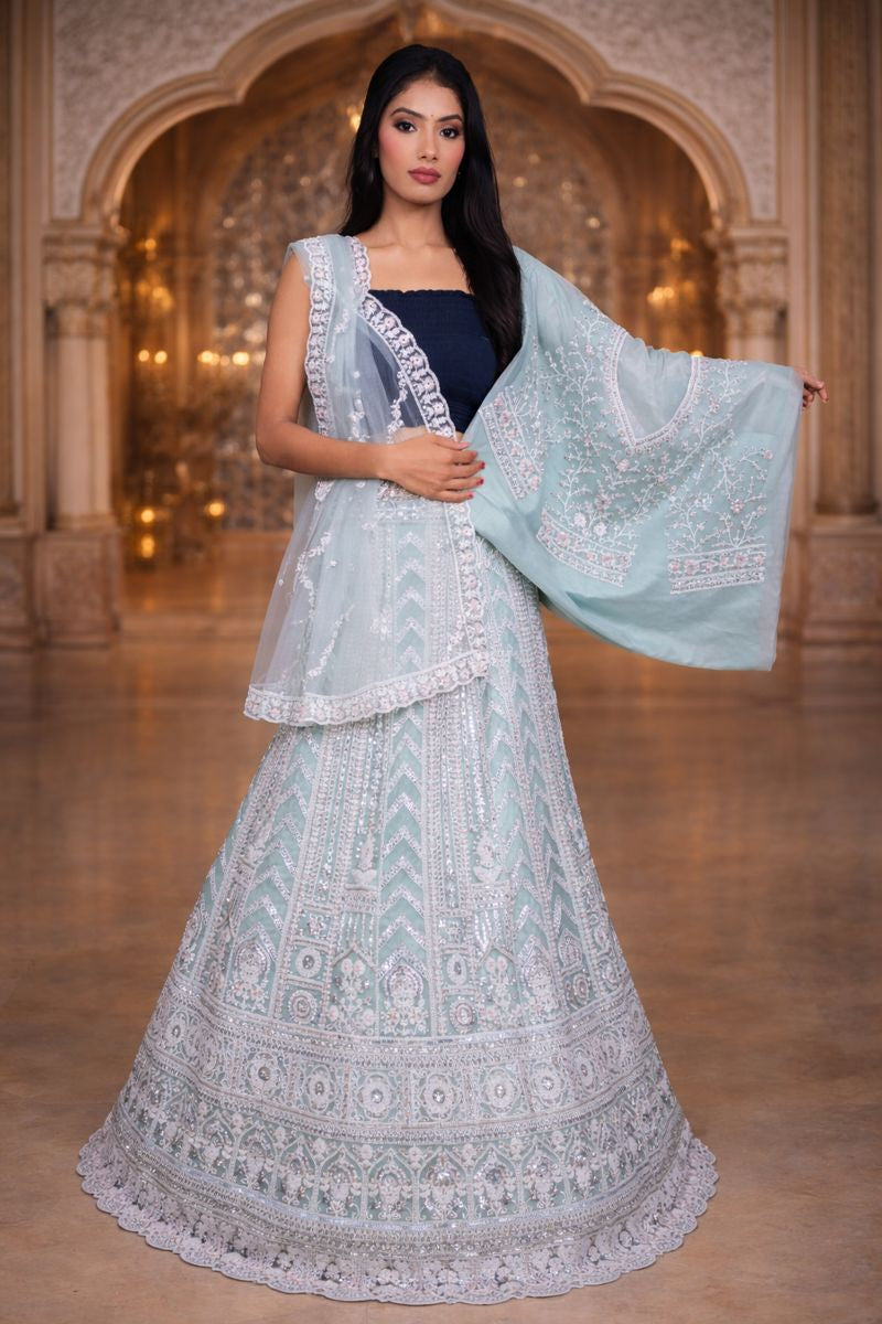 Pista Green Lehenga with Silver Sequin & Bead Embroidery, Net Blouse and Dupatta