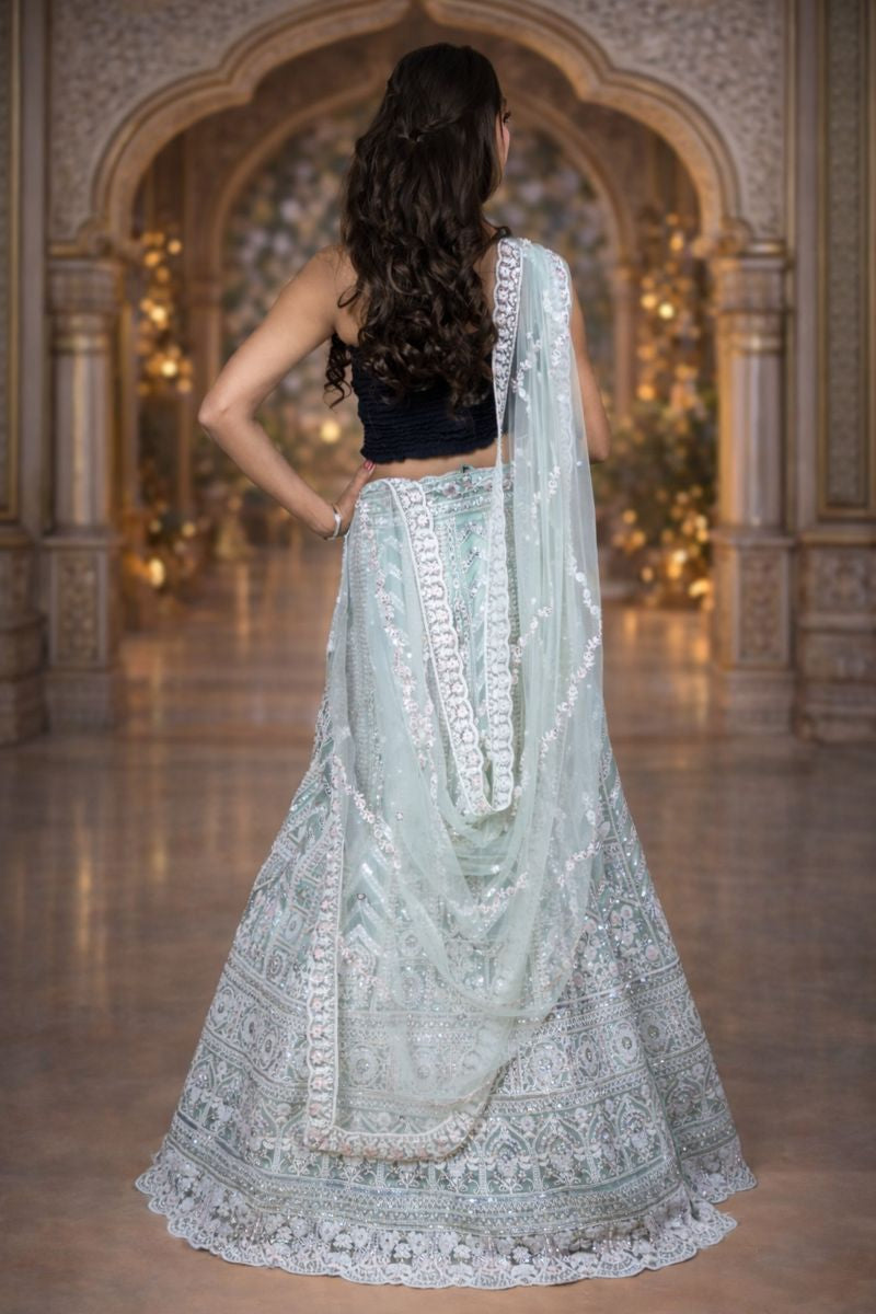 Pista Green Lehenga with Silver Sequin & Bead Embroidery, Net Blouse and Dupatta