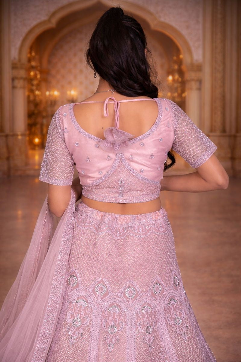 Blush Pink Net Crop Top with Diamond, Beads & Sequin Embroidery