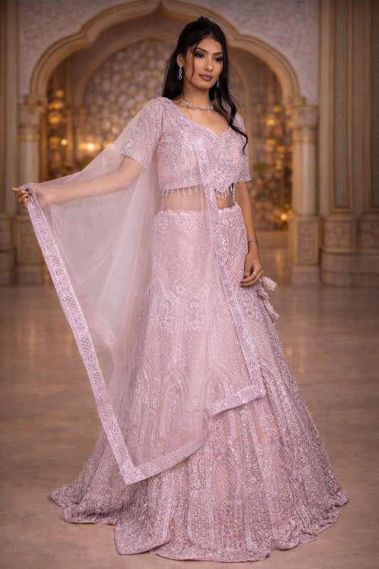 Blush Pink Net Crop Top with Diamond, Beads & Sequin Embroidery