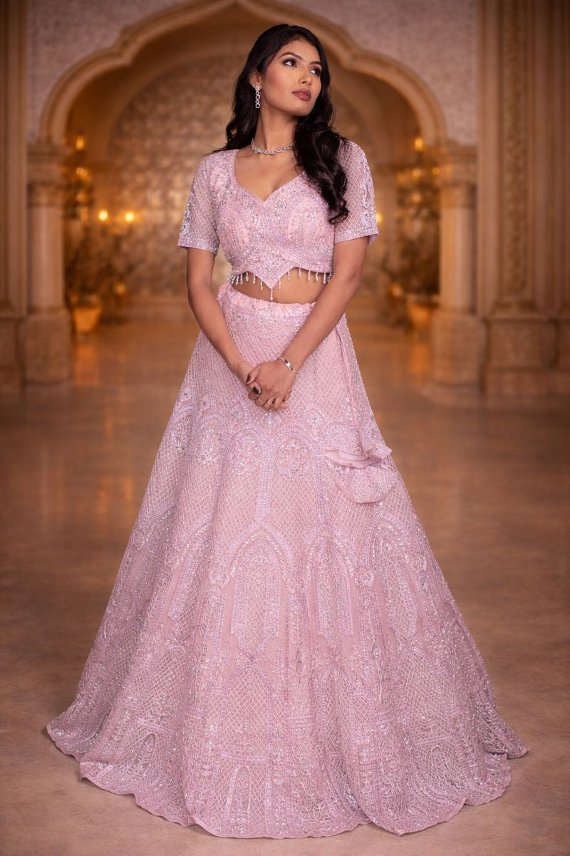 Blush Pink Net Crop Top with Diamond, Beads & Sequin Embroidery