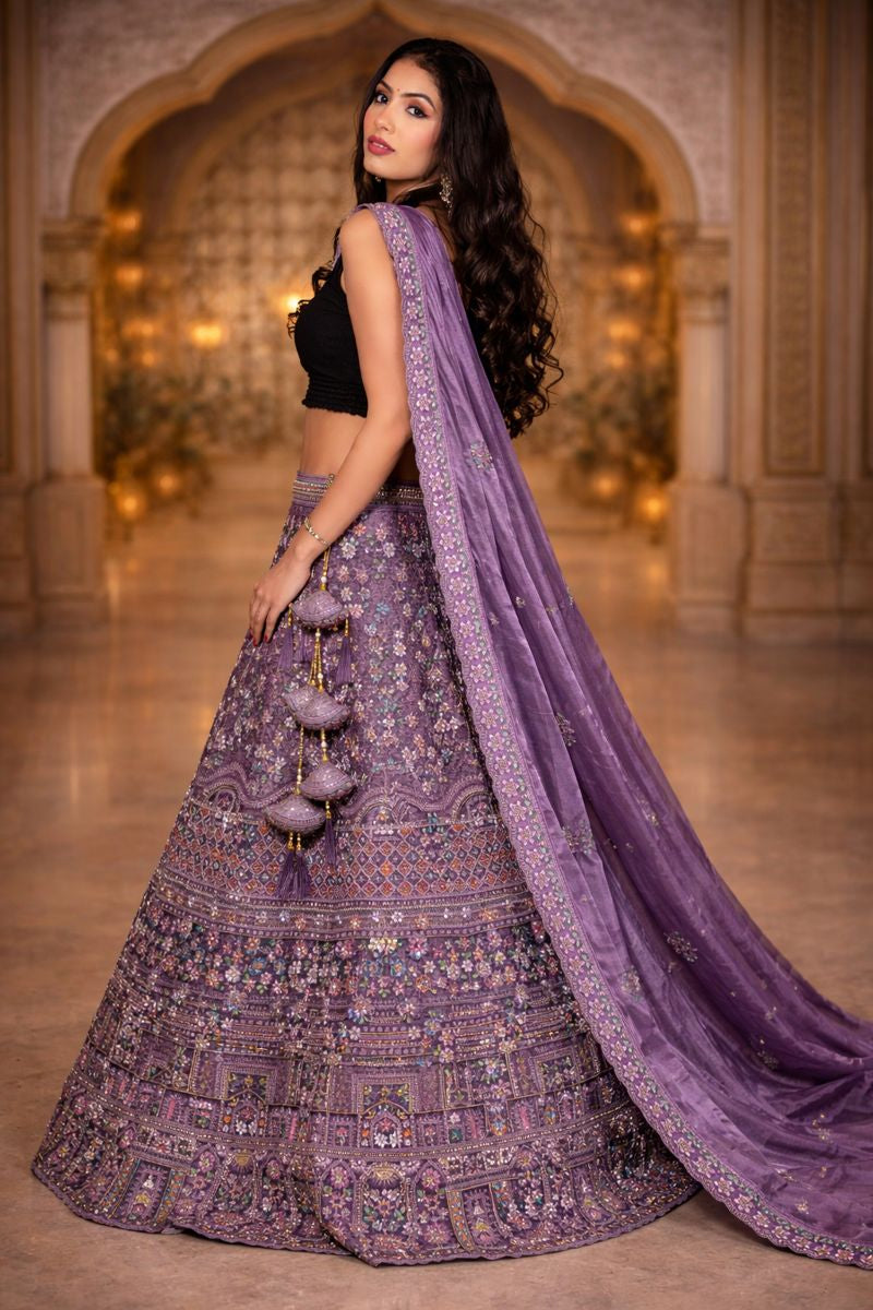 Purple Tissue Silk Heavy Embroidered Lehenga with Matching Blouse and Dupatta