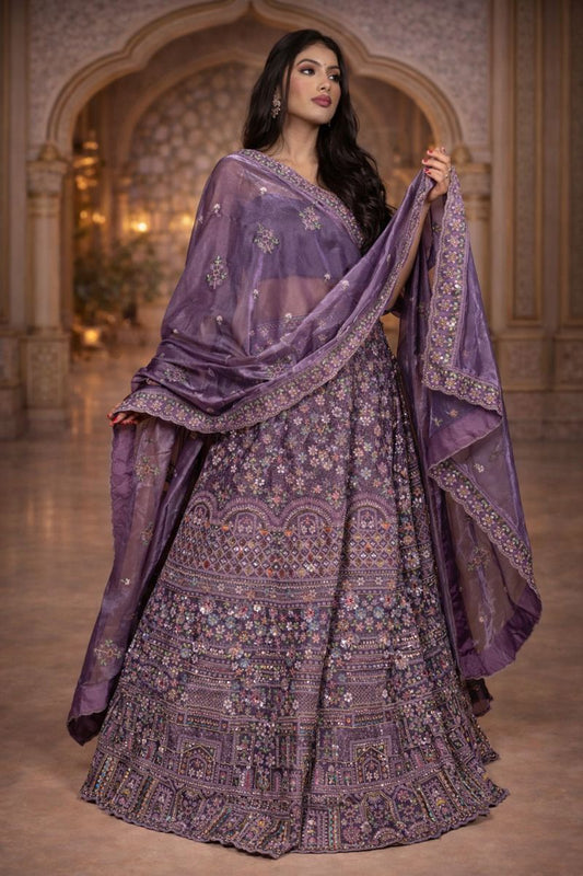 Purple Tissue Silk Heavy Embroidered Lehenga with Matching Blouse and Dupatta