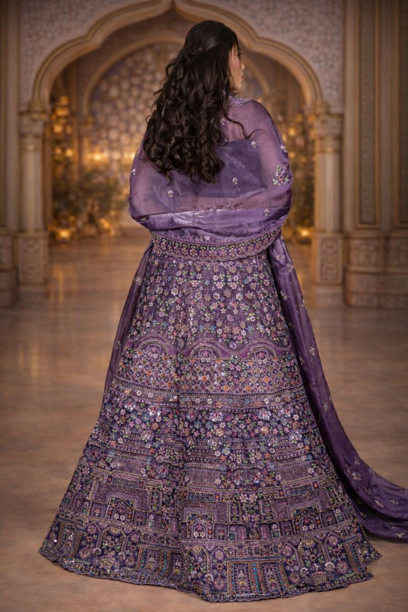 Purple Tissue Silk Heavy Embroidered Lehenga with Matching Blouse and Dupatta