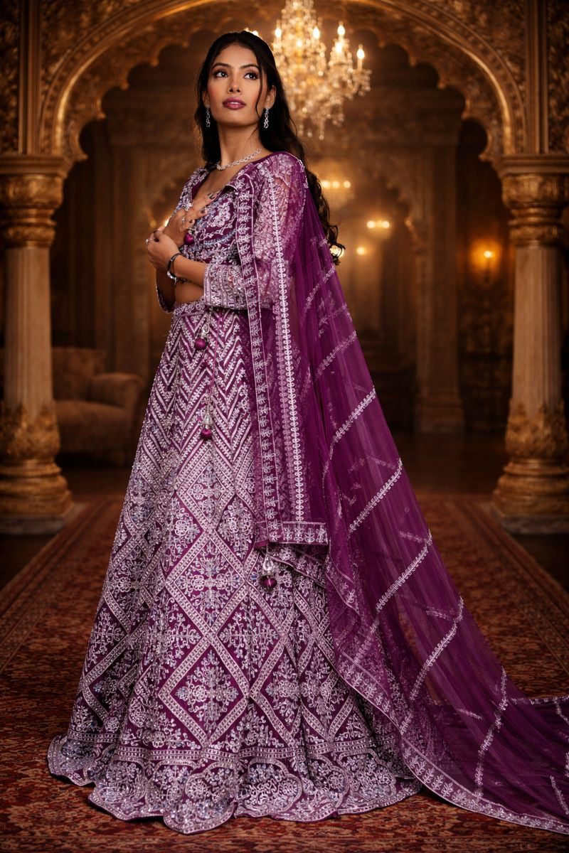 Maroon Net Crop Top with Mirror & Thread Embroidery, Blouse and Dupatta