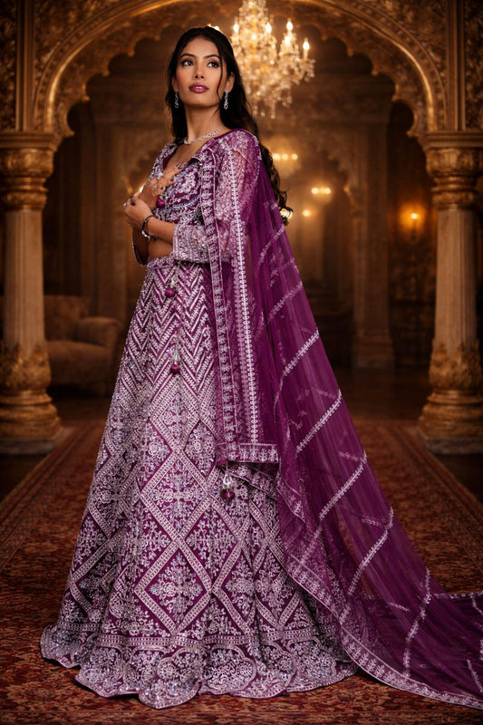 Maroon Net Crop Top with Mirror & Thread Embroidery, Blouse and Dupatta