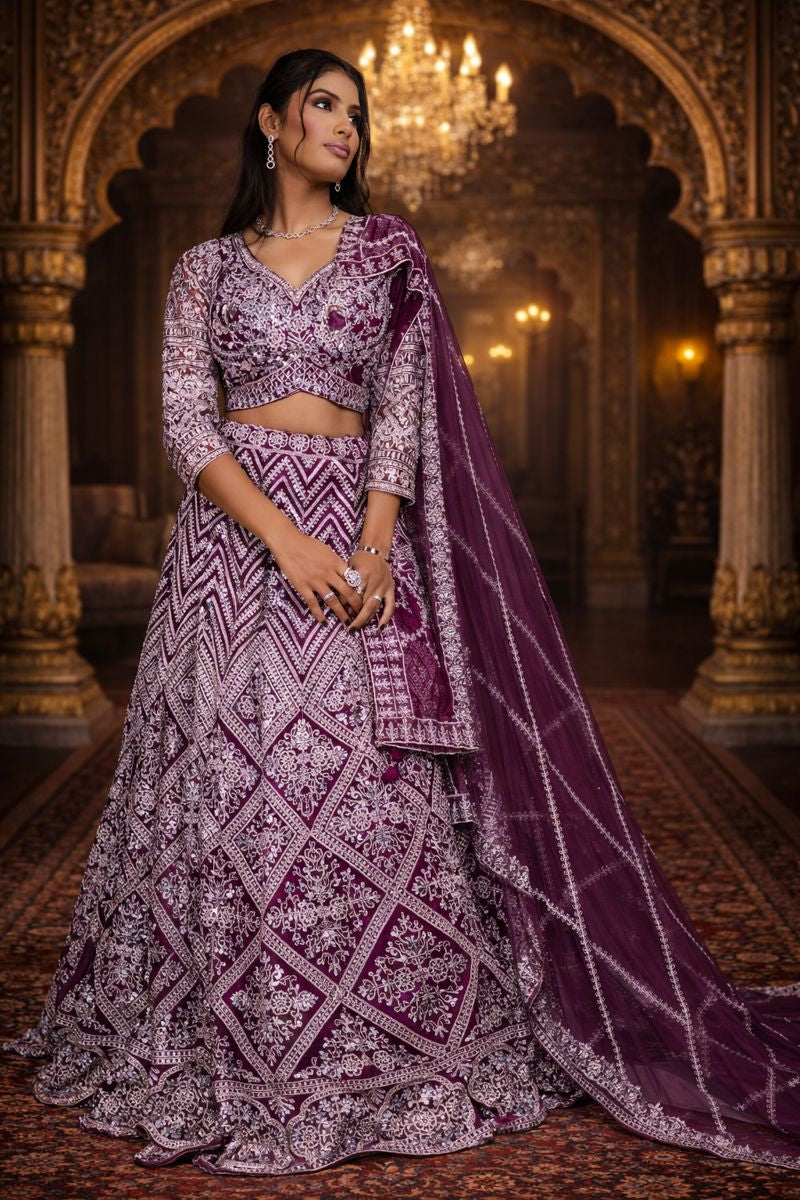 Maroon Net Crop Top with Mirror & Thread Embroidery, Blouse and Dupatta