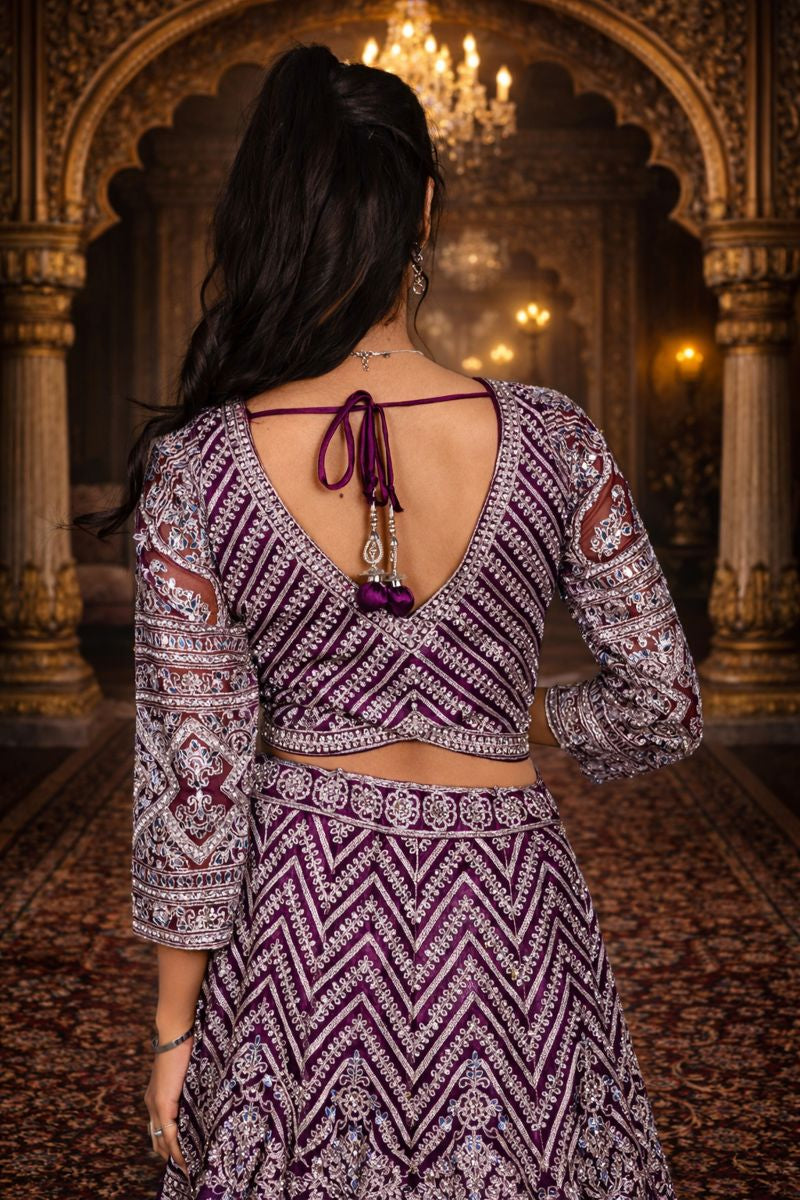Maroon Net Crop Top with Mirror & Thread Embroidery, Blouse and Dupatta