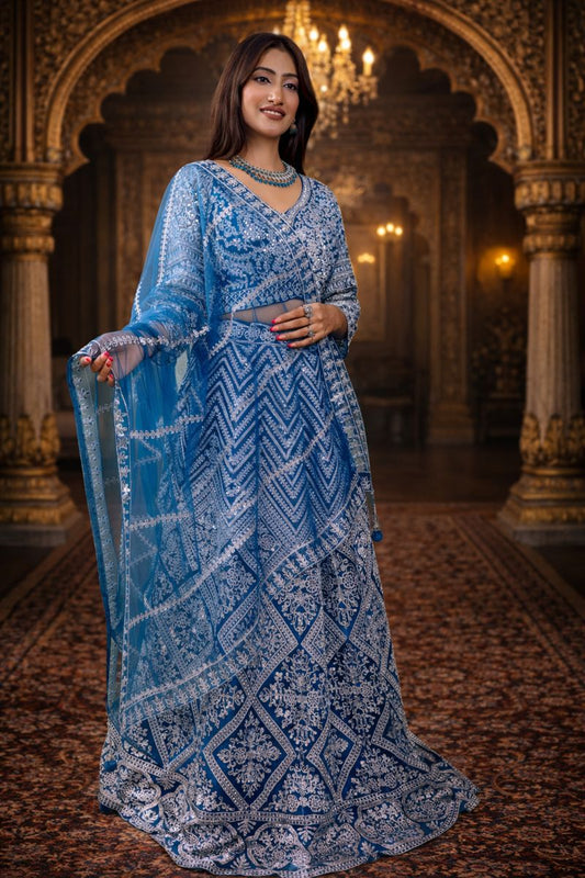 Greenish Blue Net Crop Top with Mirror & Thread Embroidery, Blouse and Dupatta
