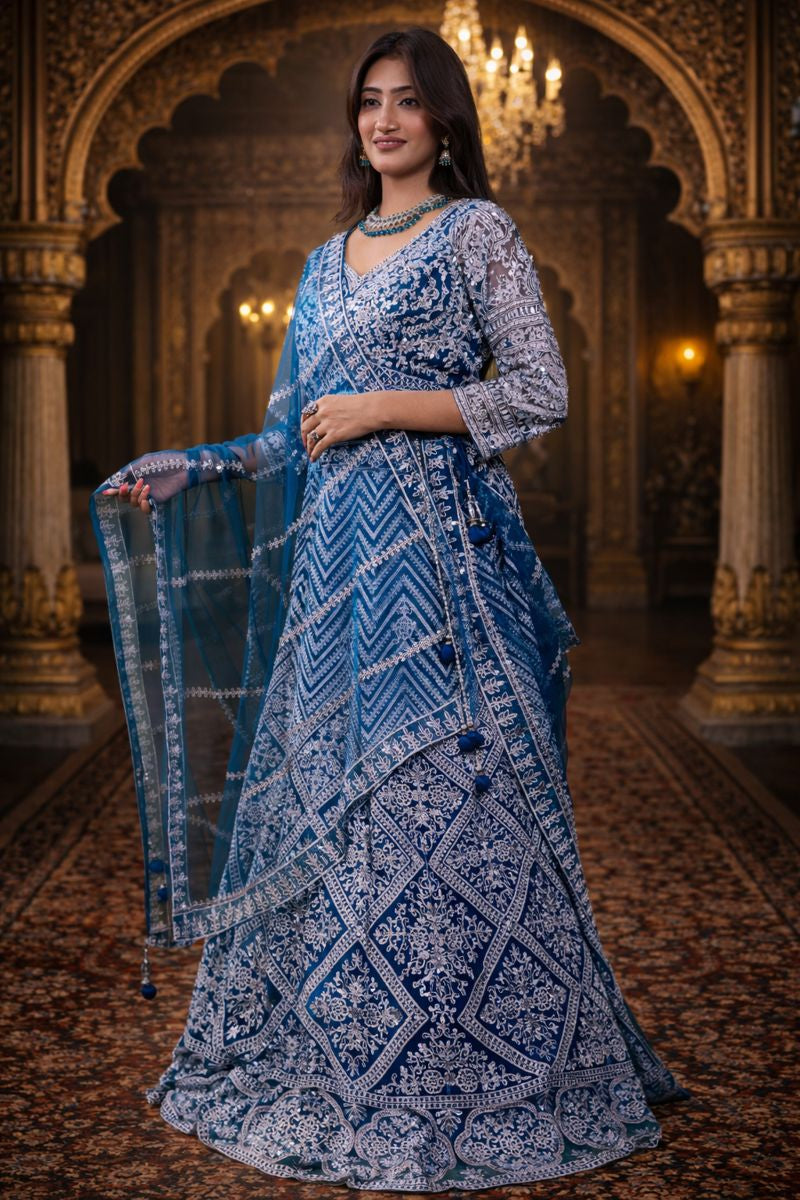 Greenish Blue Net Crop Top with Mirror & Thread Embroidery, Blouse and Dupatta