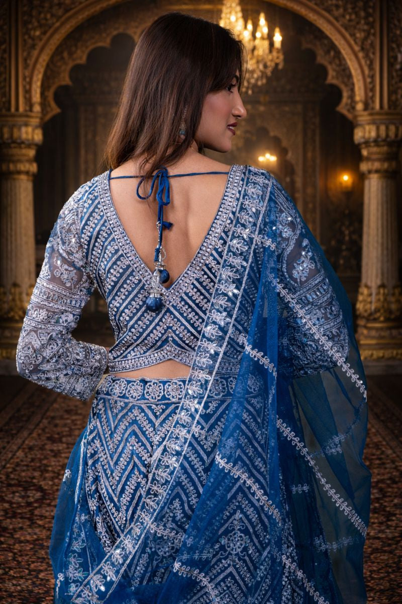 Greenish Blue Net Crop Top with Mirror & Thread Embroidery, Blouse and Dupatta