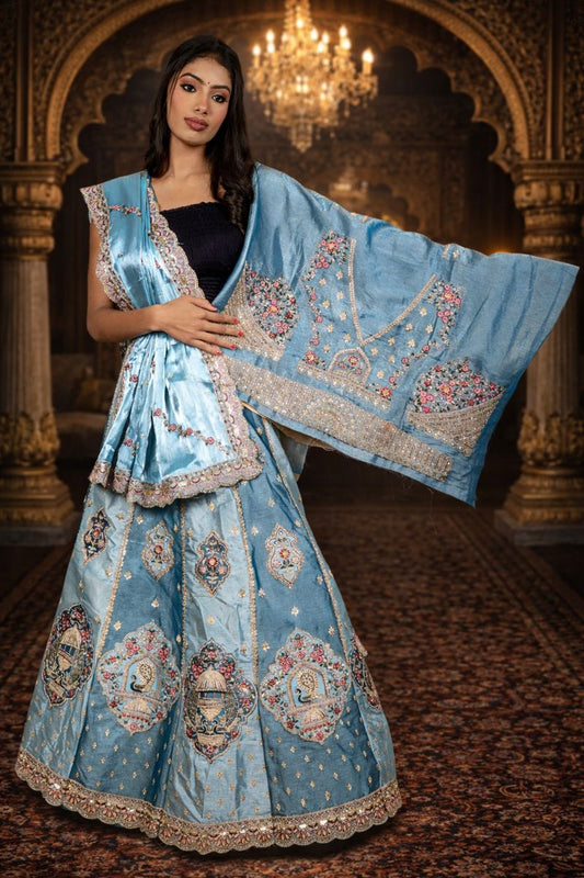 Light Blue Shimmer Silk Lehenga with Zardozi & Sequins Embroidery, Silk Blouse and Dupatta