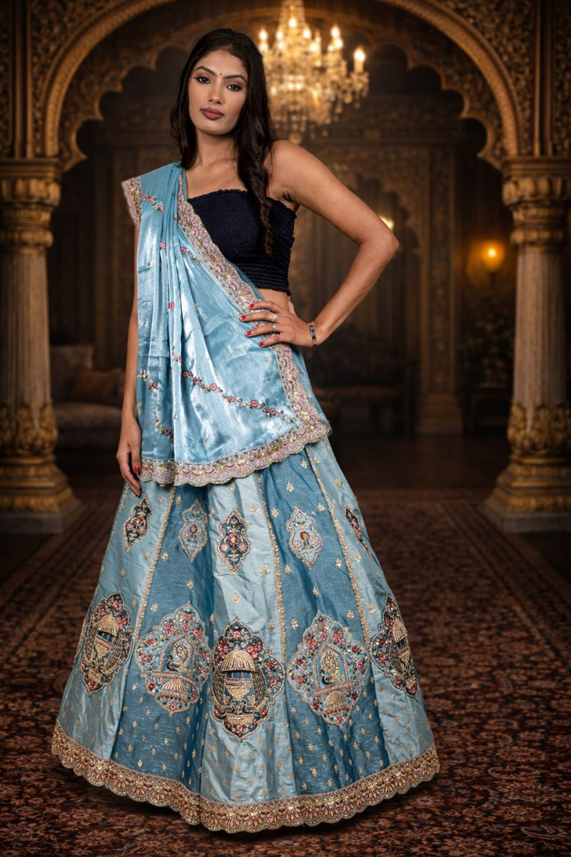 Light Blue Shimmer Silk Lehenga with Zardozi & Sequins Embroidery, Silk Blouse and Dupatta