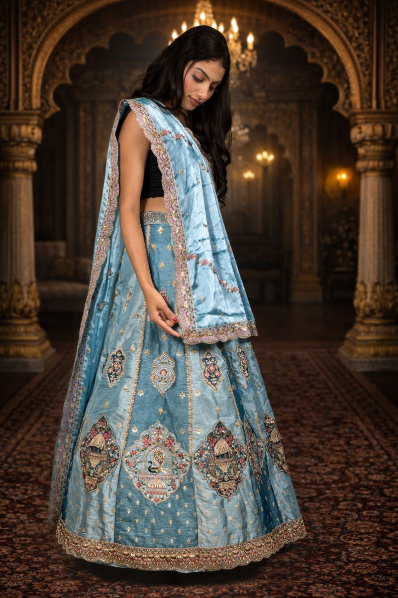 Light Blue Shimmer Silk Lehenga with Zardozi & Sequins Embroidery, Silk Blouse and Dupatta