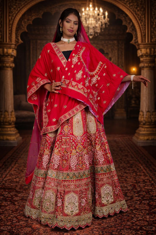 Rani Pink Bridal Velvet Lehenga with Zardozi and Diamond Work Embroidery