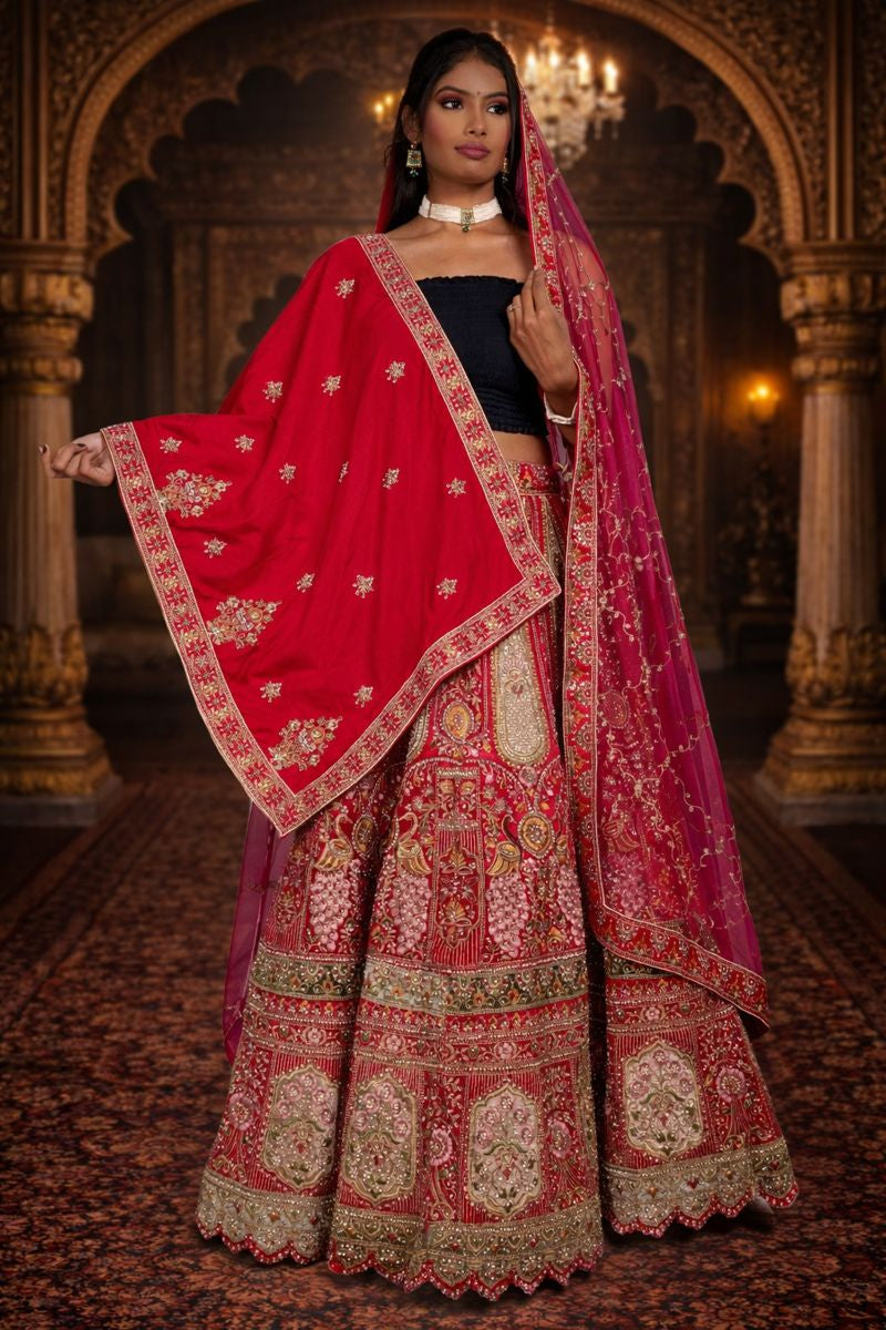 Rani Pink Bridal Velvet Lehenga with Zardozi and Diamond Work Embroidery
