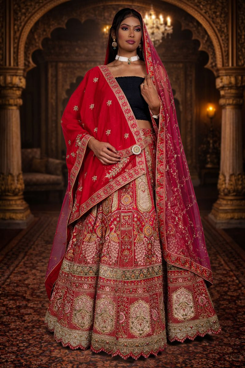 Rani Pink Bridal Velvet Lehenga with Zardozi and Diamond Work Embroidery