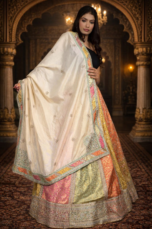 Multi Colour Lehenga with Pista Green Zardozi Embroidery Blouse & Kora Tissue Dupatta