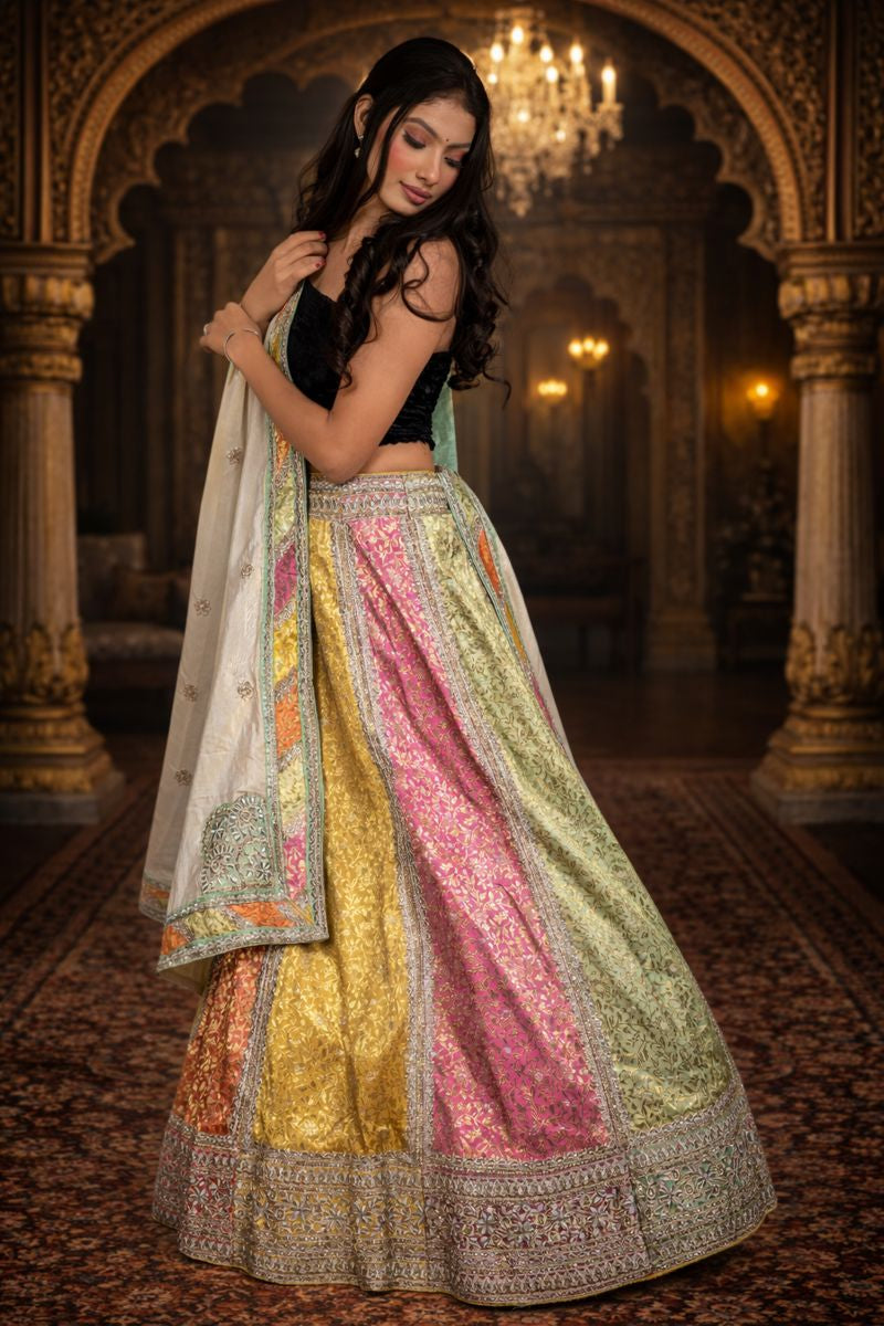 Multi Colour Lehenga with Pista Green Zardozi Embroidery Blouse & Kora Tissue Dupatta