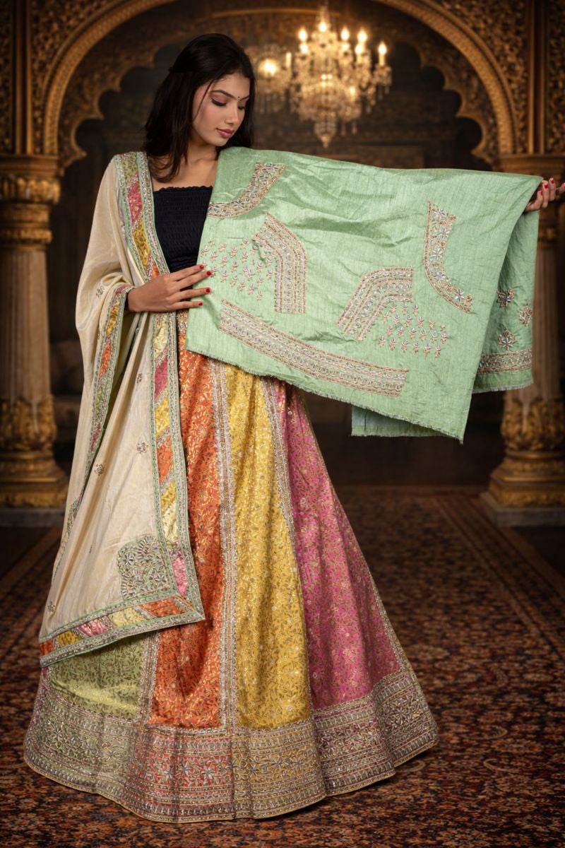 Multi Colour Lehenga with Pista Green Zardozi Embroidery Blouse & Kora Tissue Dupatta
