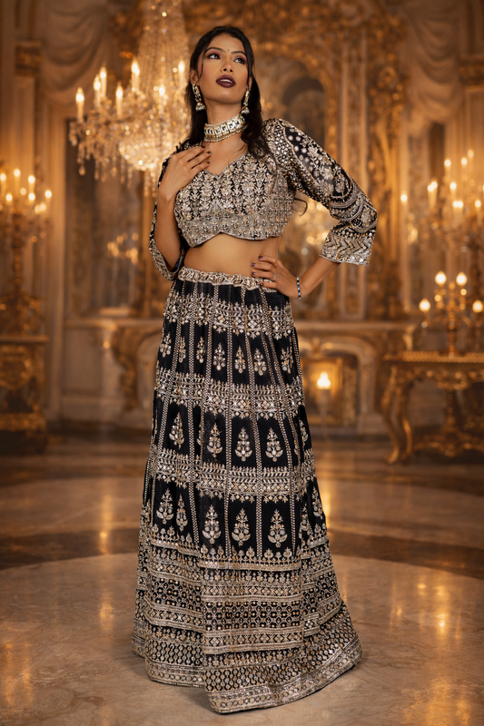 Black Georgette Crop Top with Golden Zari, Sequins & Dori Embroidery