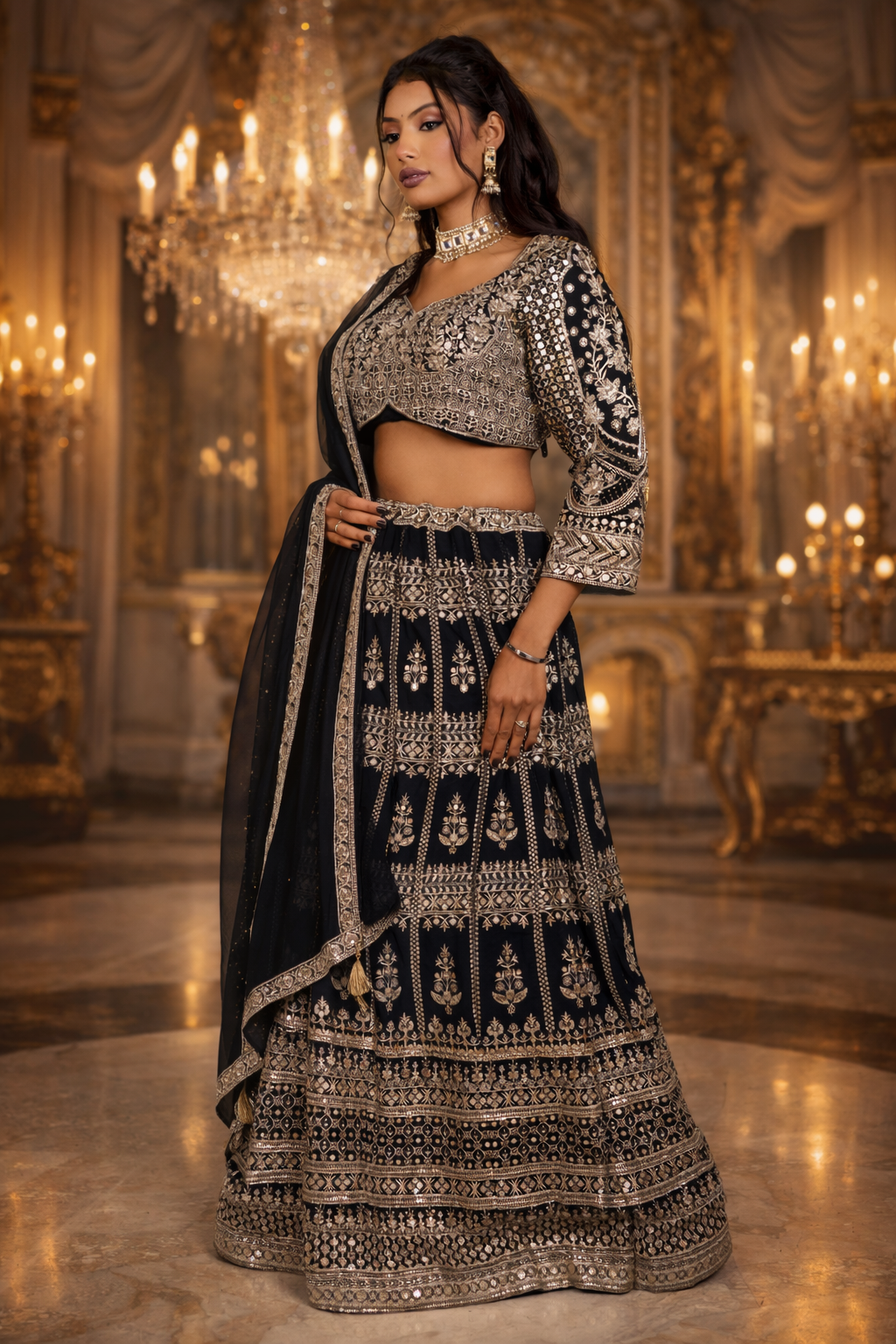 Black Georgette Crop Top with Golden Zari, Sequins & Dori Embroidery