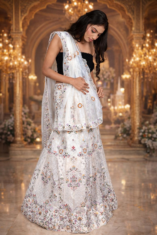 Off White Heavy Embroidered Lehenga with Shimmer Organza Blouse and Sheer Dupatta