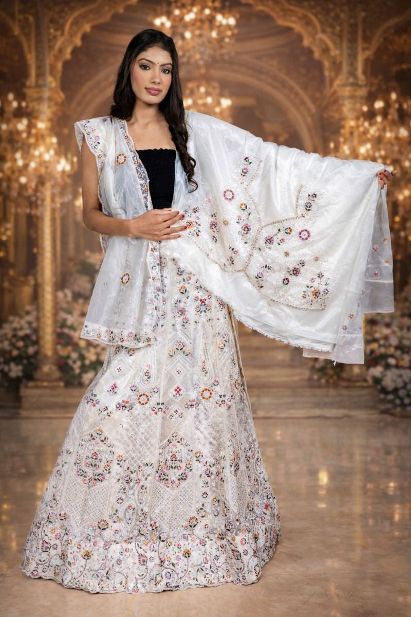 Off White Heavy Embroidered Lehenga with Shimmer Organza Blouse and Sheer Dupatta