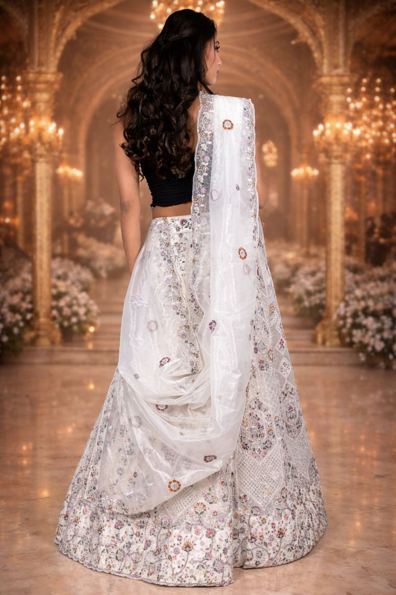 Off White Heavy Embroidered Lehenga with Shimmer Organza Blouse and Sheer Dupatta