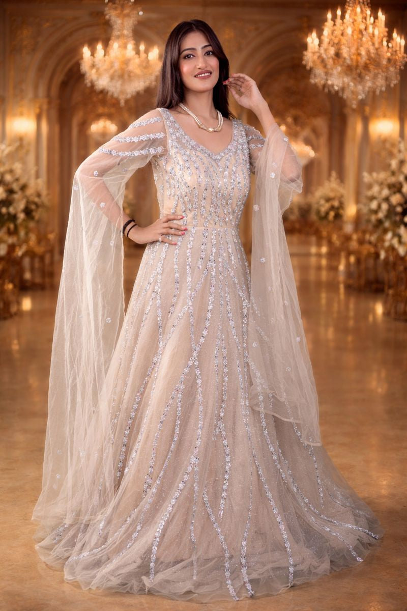 Ivory Linen Wedding Gown with Silver Thread, Sequin & Mirror Embroidery