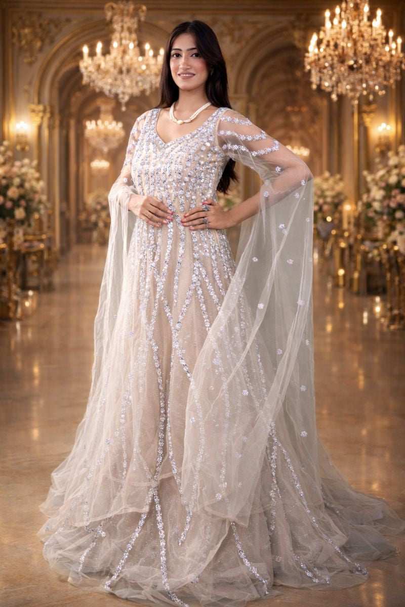 Ivory Linen Wedding Gown with Silver Thread, Sequin & Mirror Embroidery