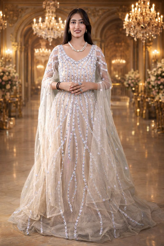 Ivory Linen Wedding Gown with Silver Thread, Sequin & Mirror Embroidery