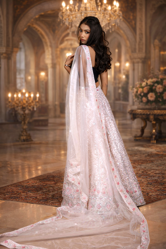 Pink Pitch Net Lehenga with Sequin & Bead Embroidery, Net Blouse and Dupatta