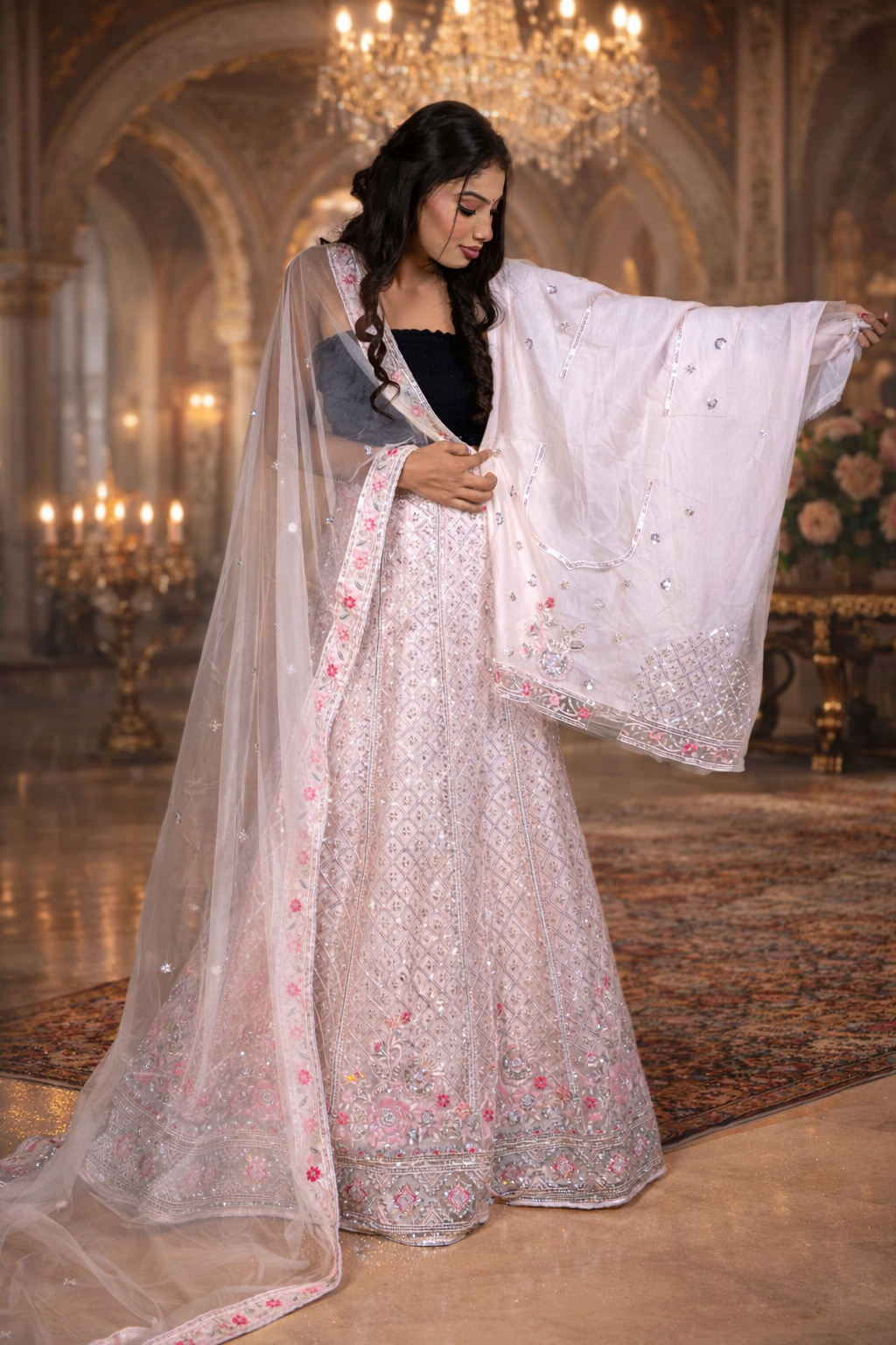 Pink Pitch Net Lehenga with Sequin & Bead Embroidery, Net Blouse and Dupatta