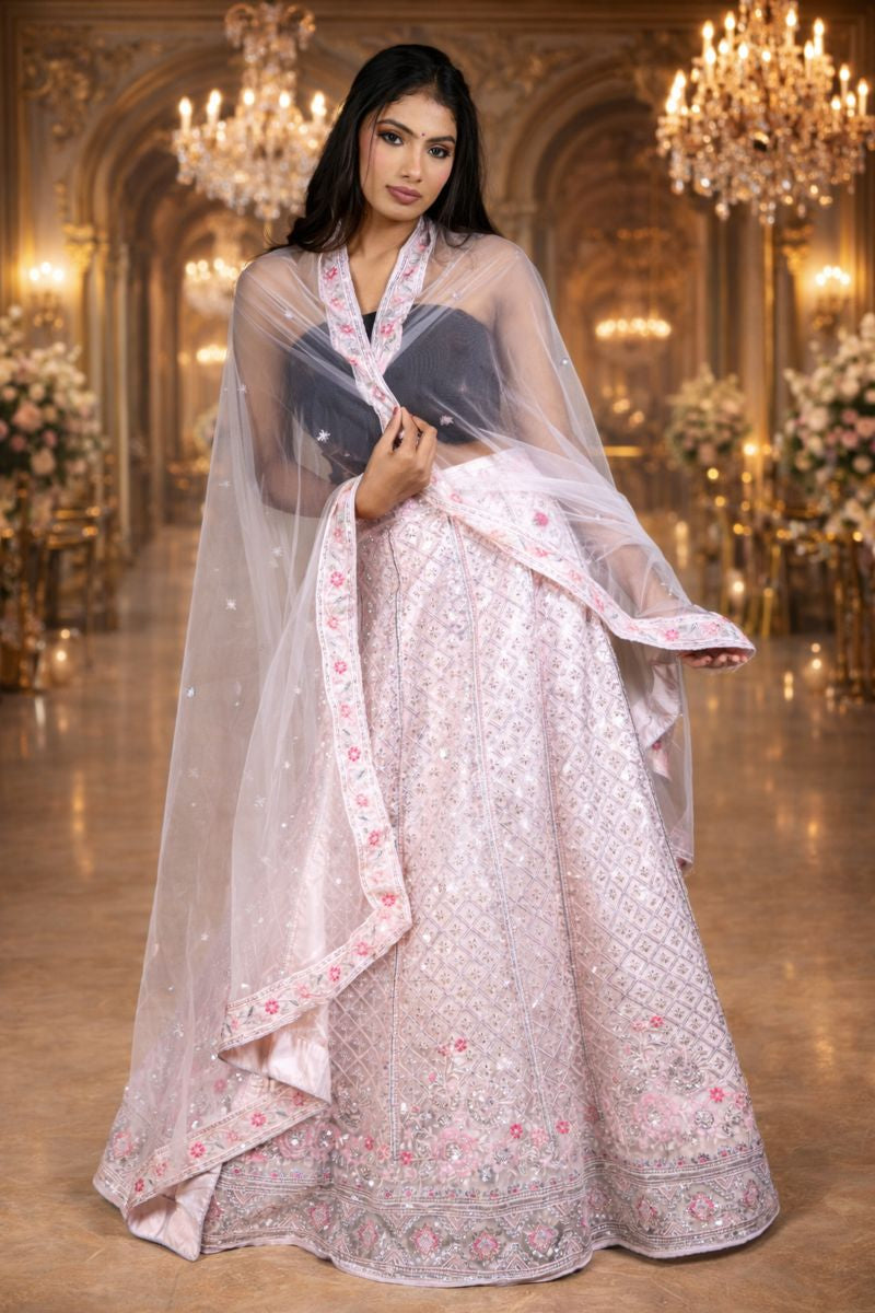 Pink Pitch Net Lehenga with Sequin & Bead Embroidery, Net Blouse and Dupatta