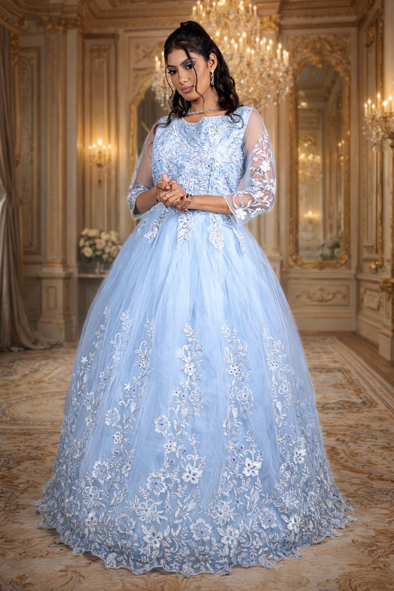 Light Blue Net Wedding Gown with Floral Bead & Sequin Embroidery