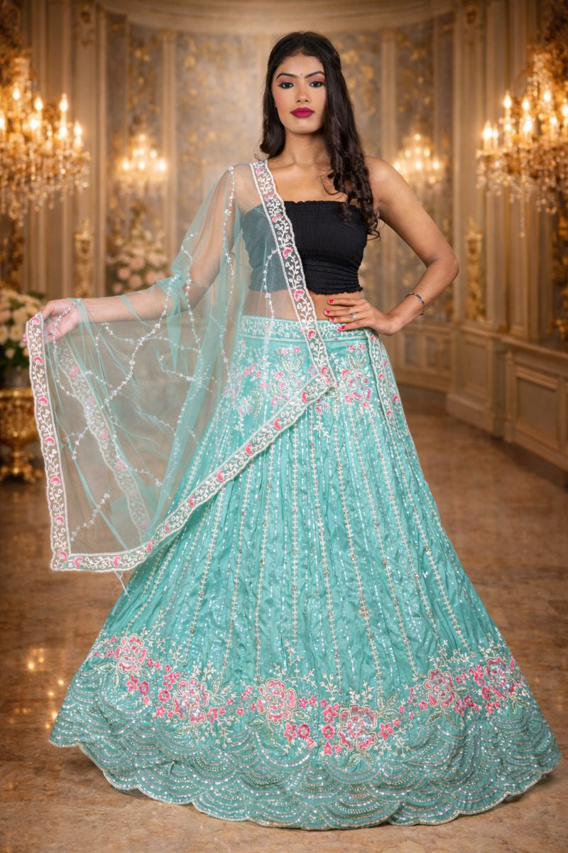 Pista Green Shimmer Silk Lehenga with Silver Sequin and Thread Embroidery