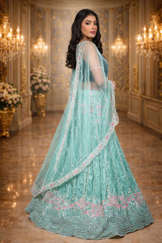 Pista Green Shimmer Silk Lehenga with Silver Sequin and Thread Embroidery