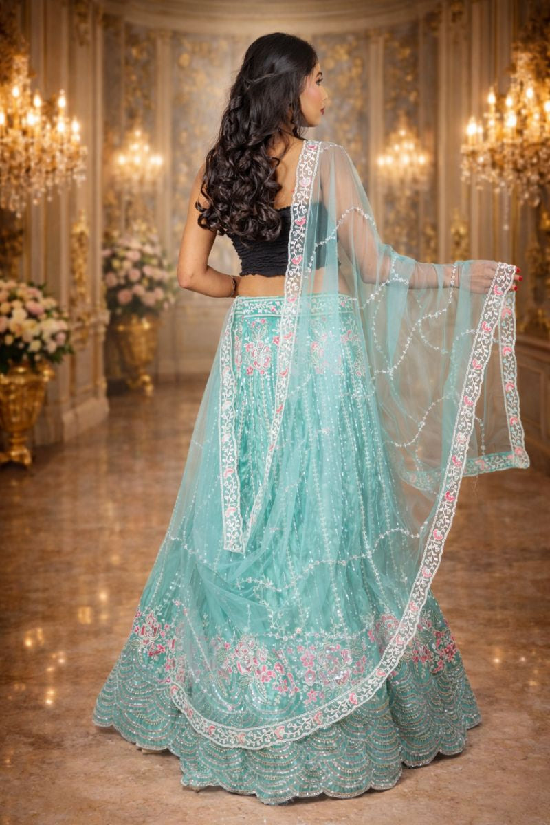 Pista Green Shimmer Silk Lehenga with Silver Sequin and Thread Embroidery