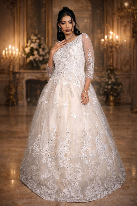 Cream Offwhite Net Festive Gown with Floral Embroidery, Diamond & Sequin Work