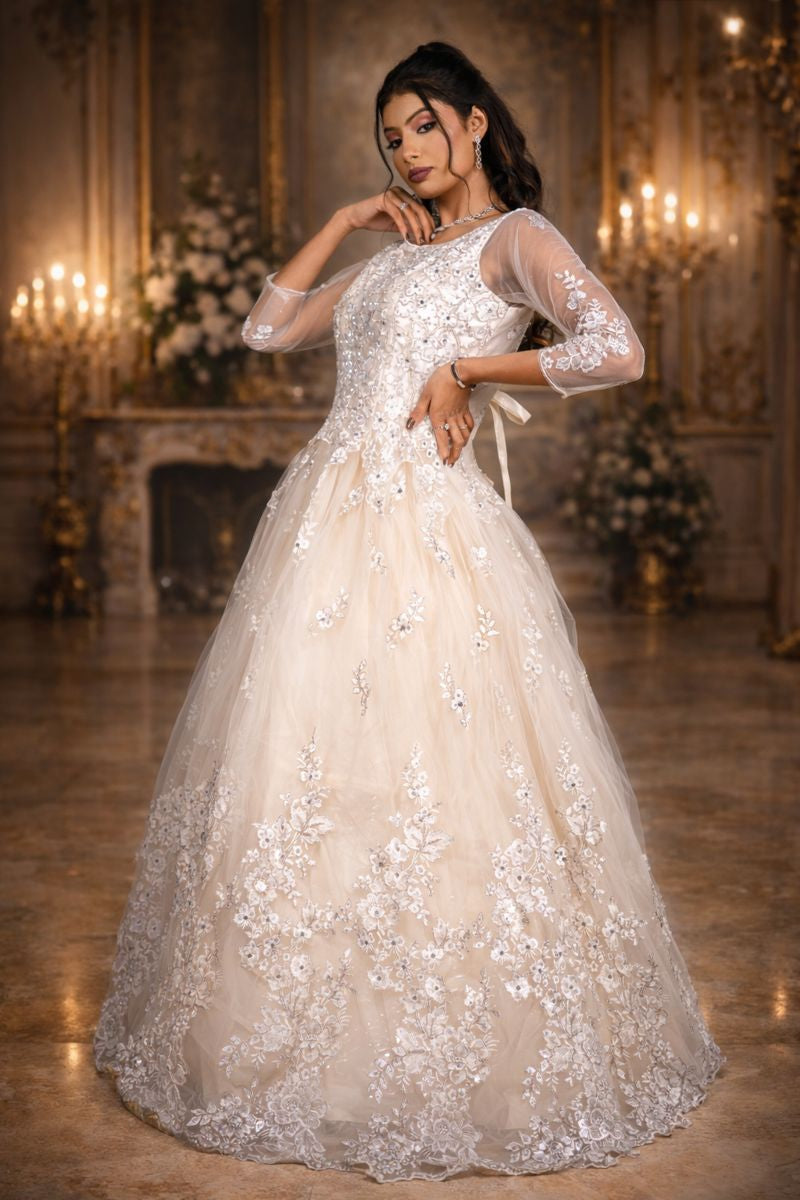 Cream Offwhite Net Festive Gown with Floral Embroidery, Diamond & Sequin Work