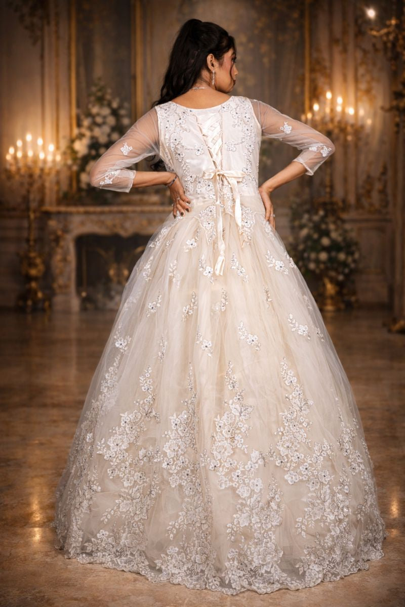 Cream Offwhite Net Festive Gown with Floral Embroidery, Diamond & Sequin Work