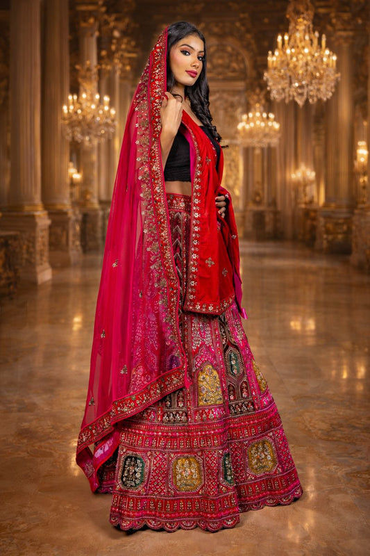 Pink Bridal Zardozi Embroidered Lehenga with Velvet Blouse & Dual Dupattas