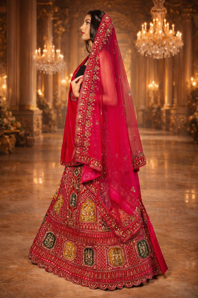 Pink Bridal Zardozi Embroidered Lehenga with Velvet Blouse & Dual Dupattas
