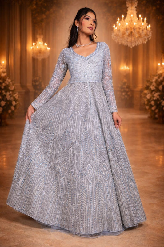 Grey Organza Shimmer Crop Top and Satin Skirt Set with Pearl, Diamond & Sequin Embroidery