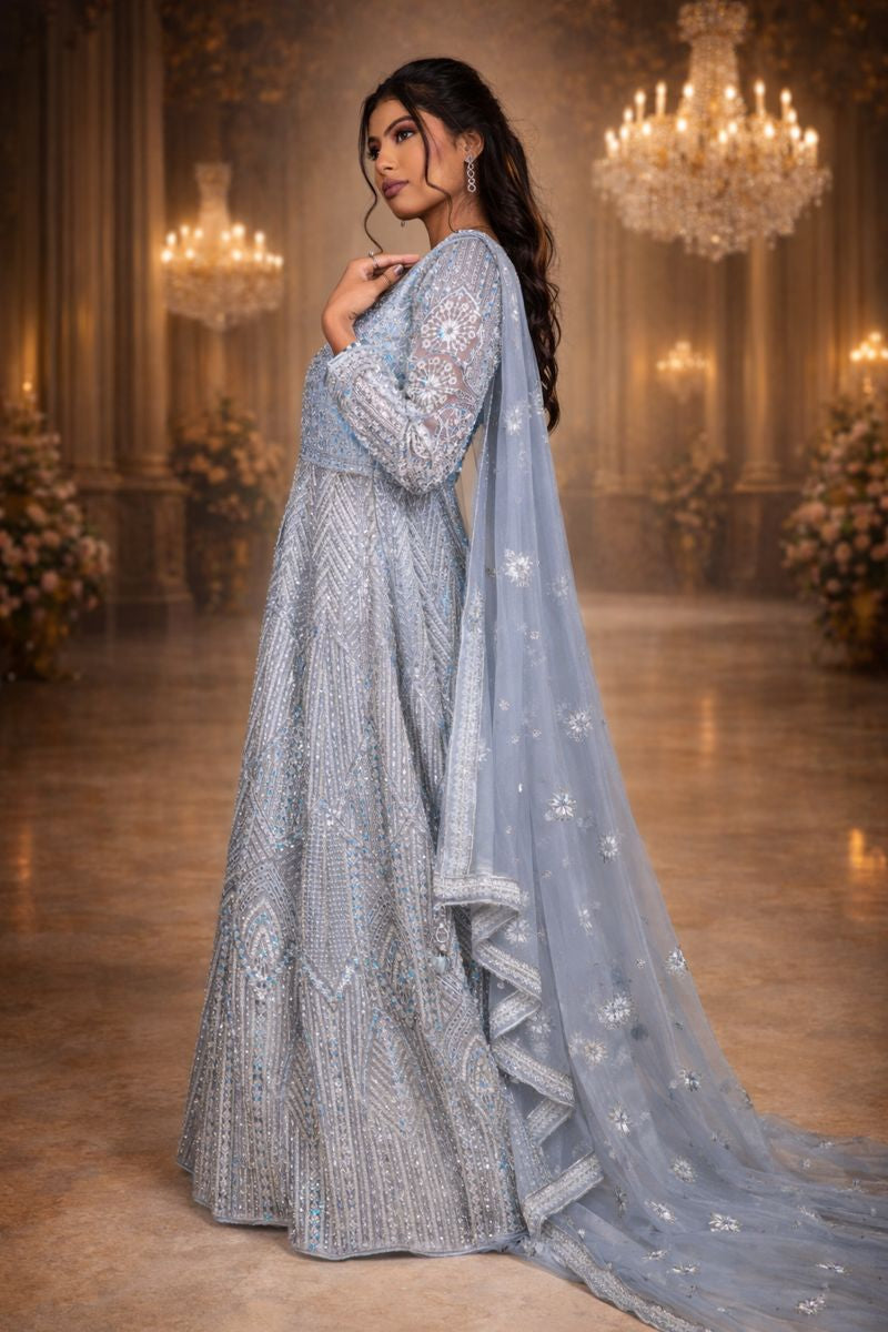 Grey Organza Shimmer Crop Top and Satin Skirt Set with Pearl, Diamond & Sequin Embroidery