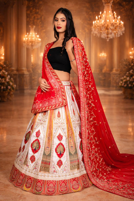 Bridal Panetar Red & White Lehenga with Zardozi Embroidery and Dual Dupattas
