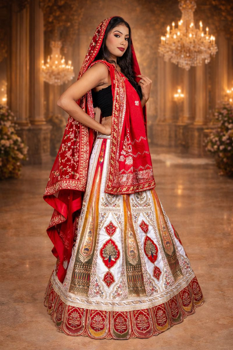 Bridal Panetar Red & White Lehenga with Zardozi Embroidery and Dual Dupattas