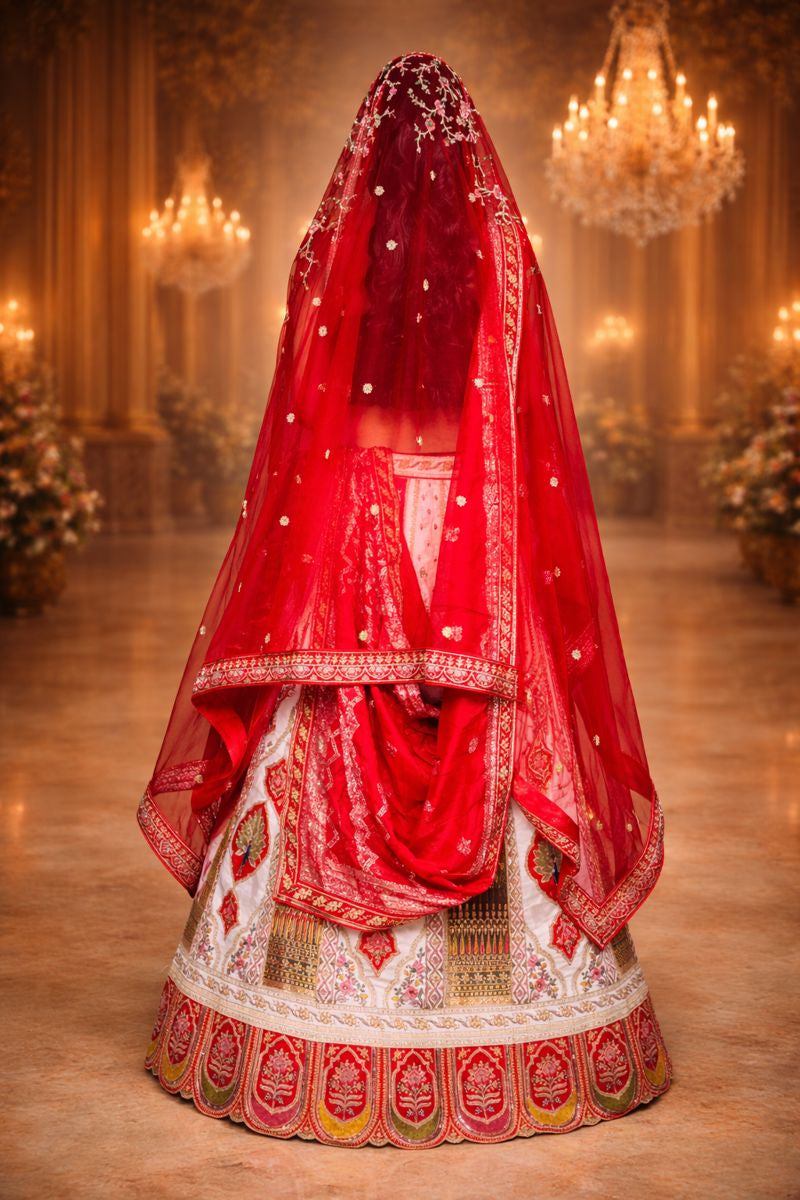 Bridal Panetar Red & White Lehenga with Zardozi Embroidery and Dual Dupattas